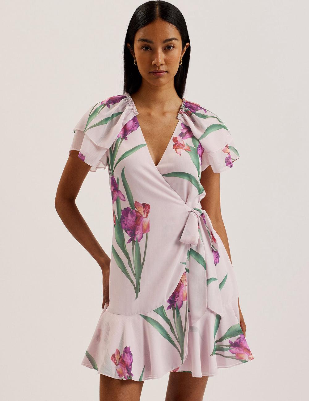 Women Ted Baker FASNIA - Floral Angel Sleeve Wrap Mini Dresses Pink | HWUC29814