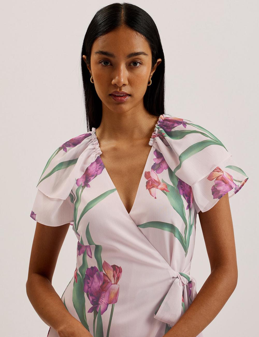 Women Ted Baker FASNIA - Floral Angel Sleeve Wrap Mini Dresses Pink | HWUC29814