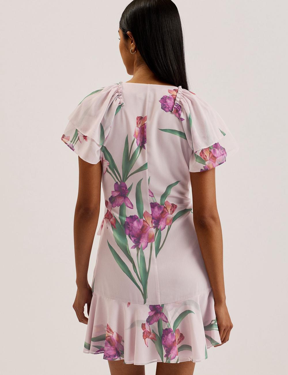 Women Ted Baker FASNIA - Floral Angel Sleeve Wrap Mini Dresses Pink | HWUC29814