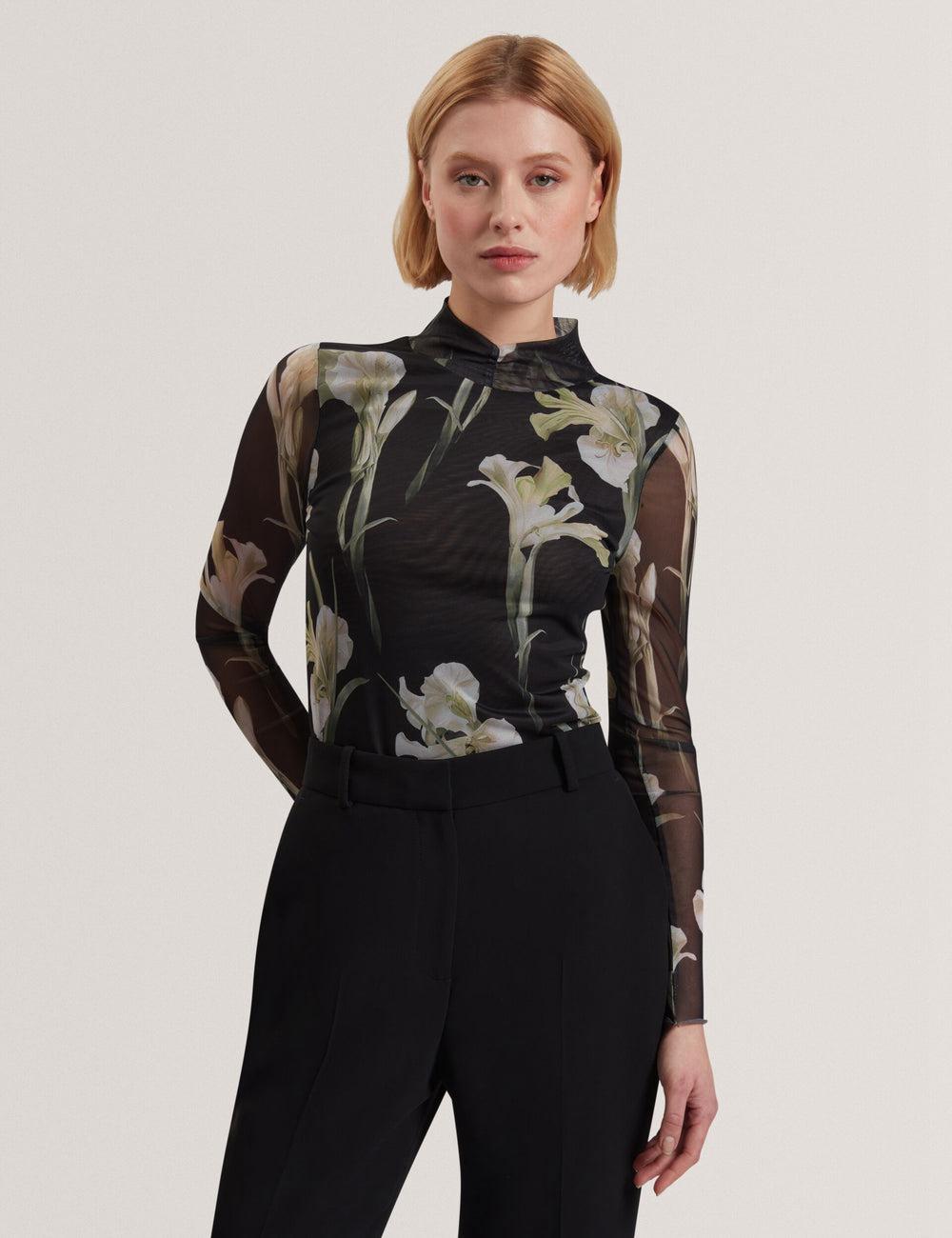 Women Ted Baker FIAAHH - Floral Print High Neck Sheer Mesh Tops Black | IUGF93876