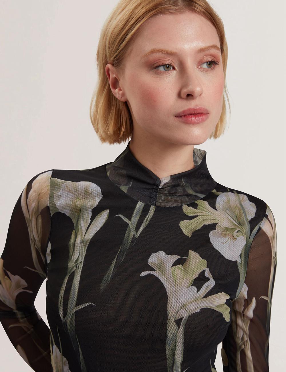 Women Ted Baker FIAAHH - Floral Print High Neck Sheer Mesh Tops Black | IUGF93876