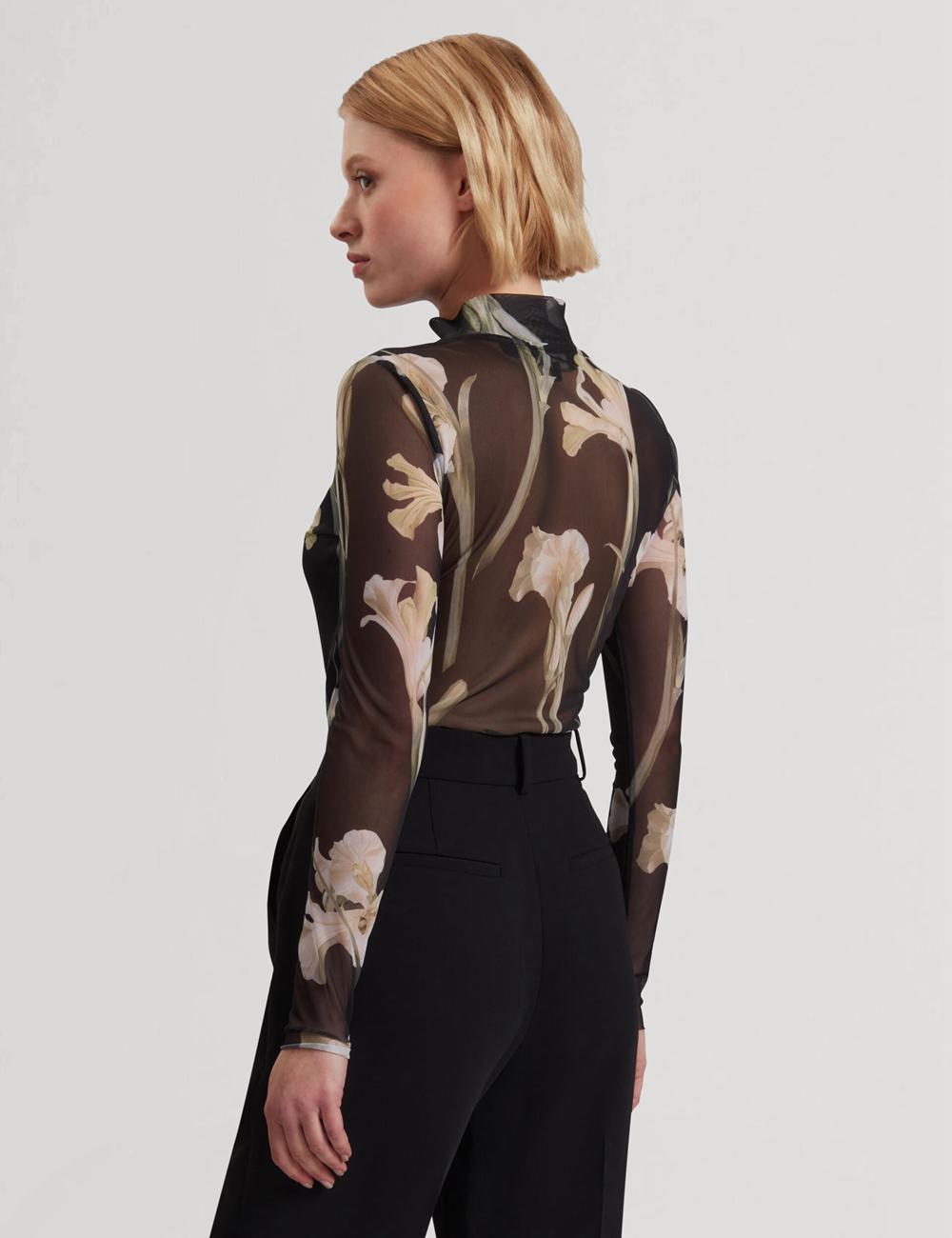 Women Ted Baker FIAAHH - Floral Print High Neck Sheer Mesh Tops Black | IUGF93876
