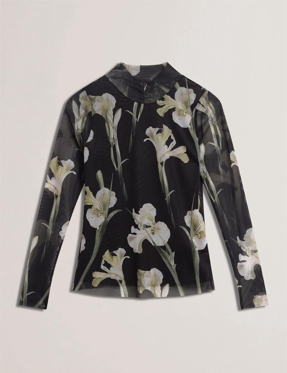 Women Ted Baker FIAAHH - Floral Print High Neck Sheer Mesh Tops Black | IUGF93876