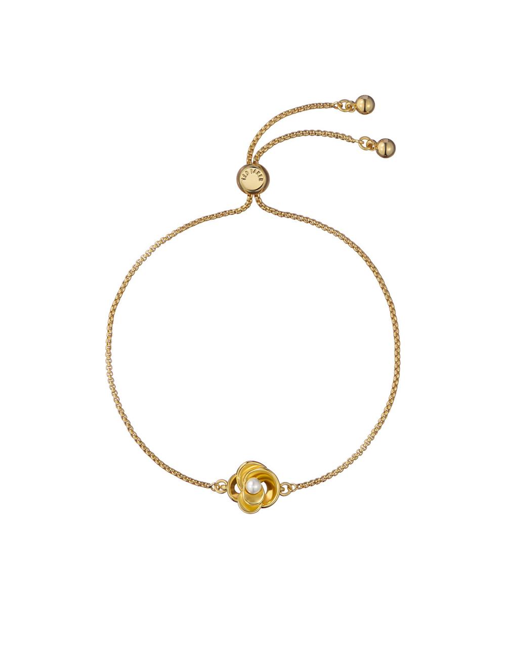 Women Ted Baker FLORIE - Pearl Flower Adjustable Chain Bracelets Gold | SOHF94678