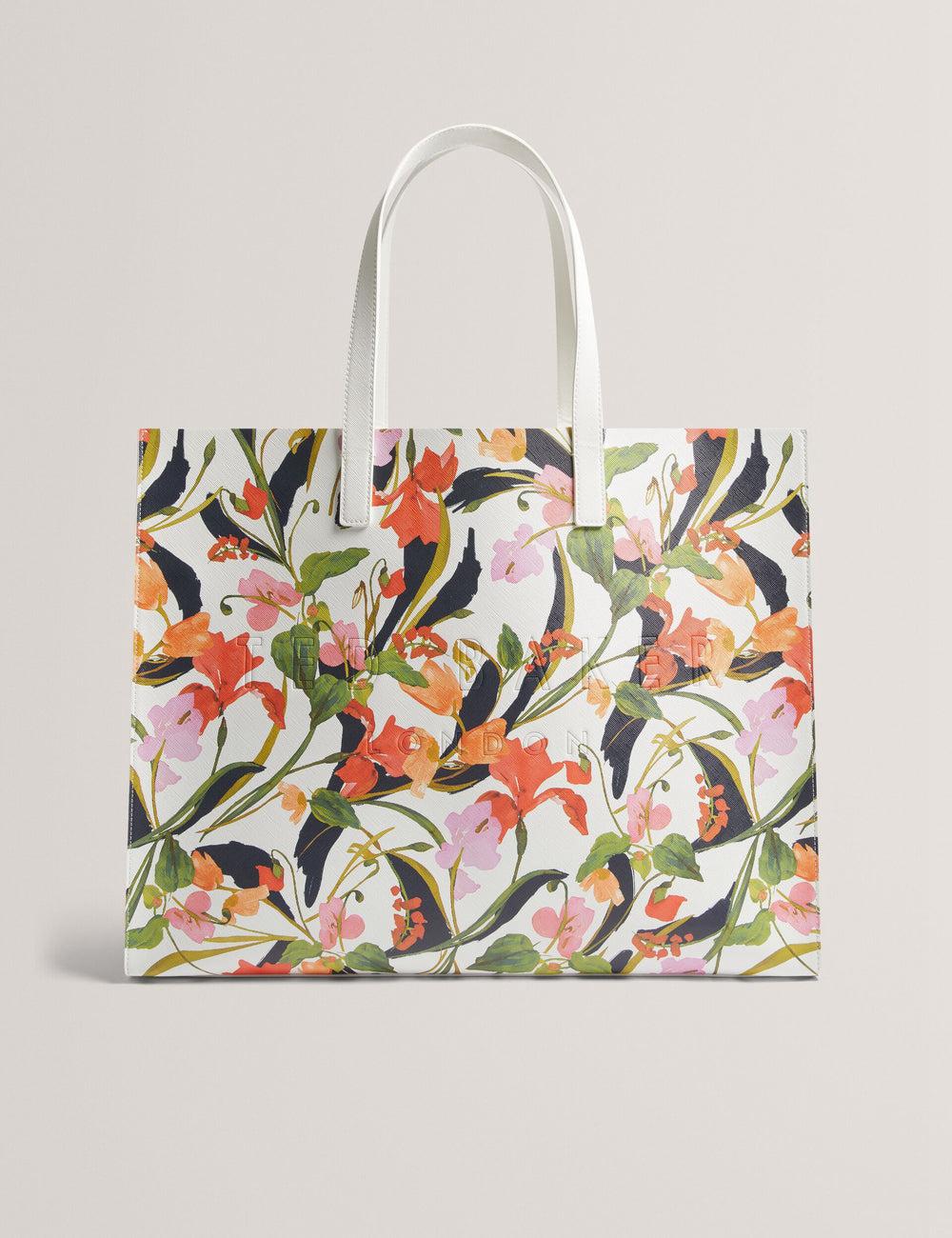 Women Ted Baker FLORISH - Floral Print PU Leather Wide Tote Bags Cream | VPQO73150