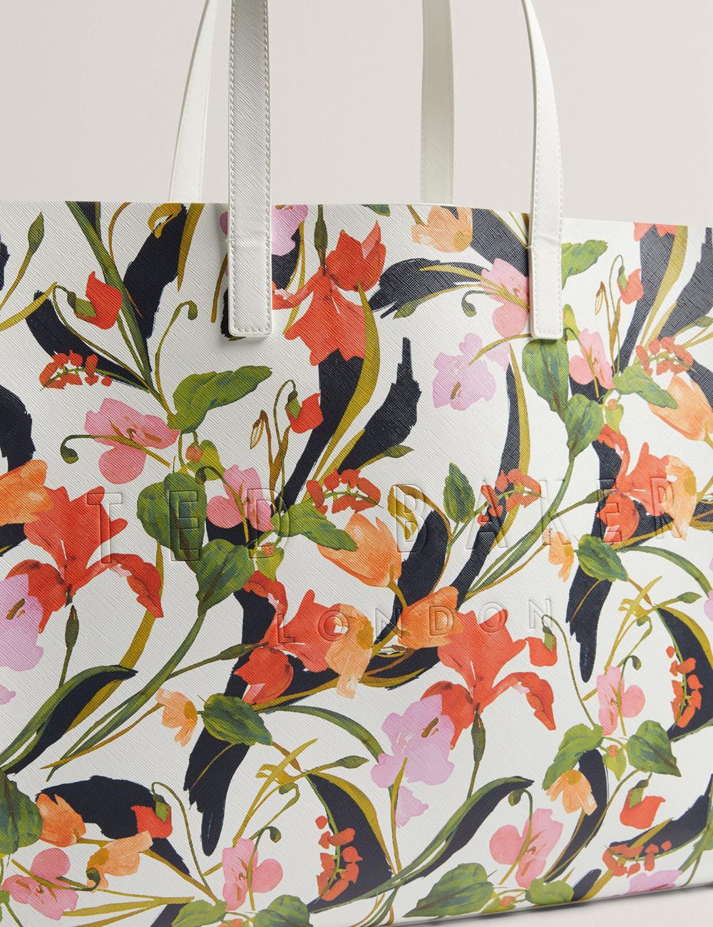 Women Ted Baker FLORISH - Floral Print PU Leather Wide Tote Bags Cream | VPQO73150