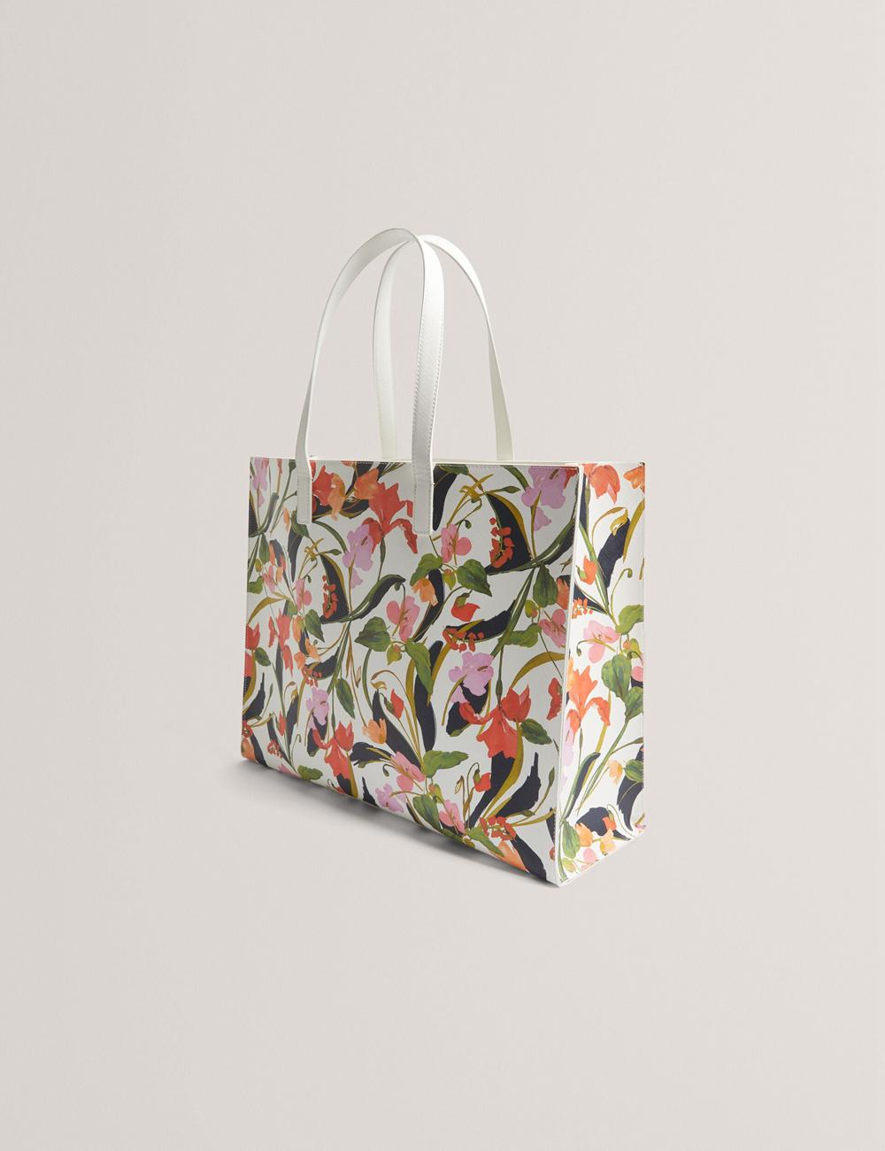 Women Ted Baker FLORISH - Floral Print PU Leather Wide Tote Bags Cream | VPQO73150