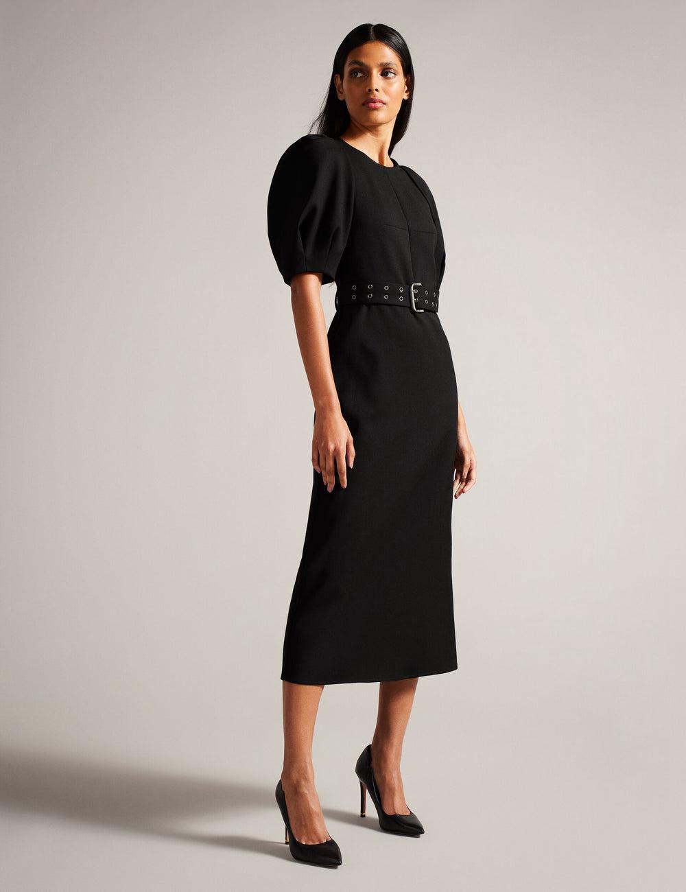 Women Ted Baker GABYELA - Structured Puff Sleeve With Belt Midi Dresses Black | RAZG60795