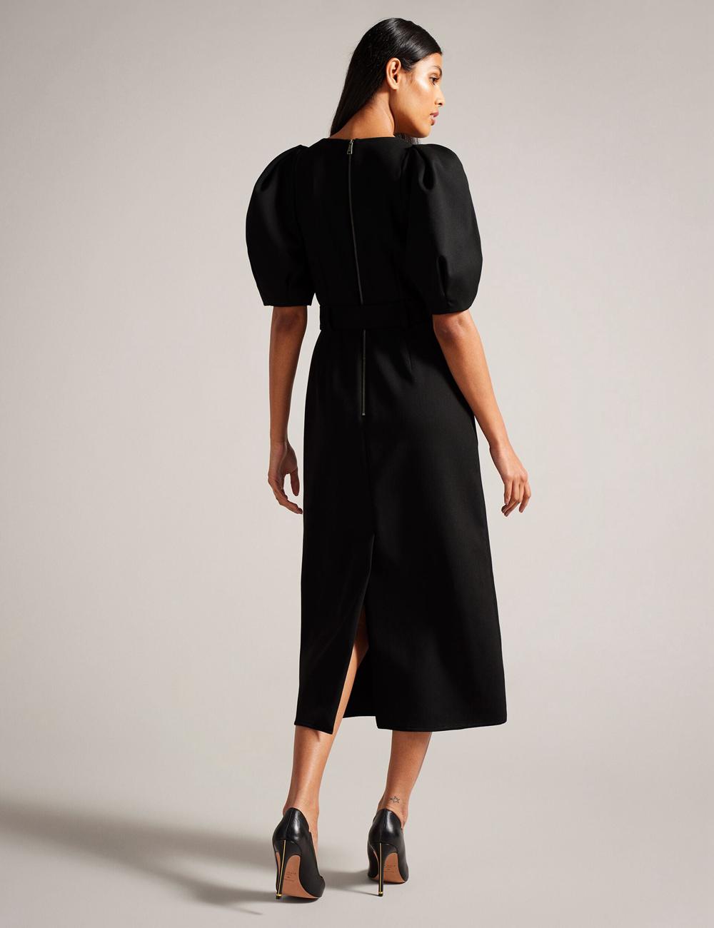 Women Ted Baker GABYELA - Structured Puff Sleeve With Belt Midi Dresses Black | RAZG60795