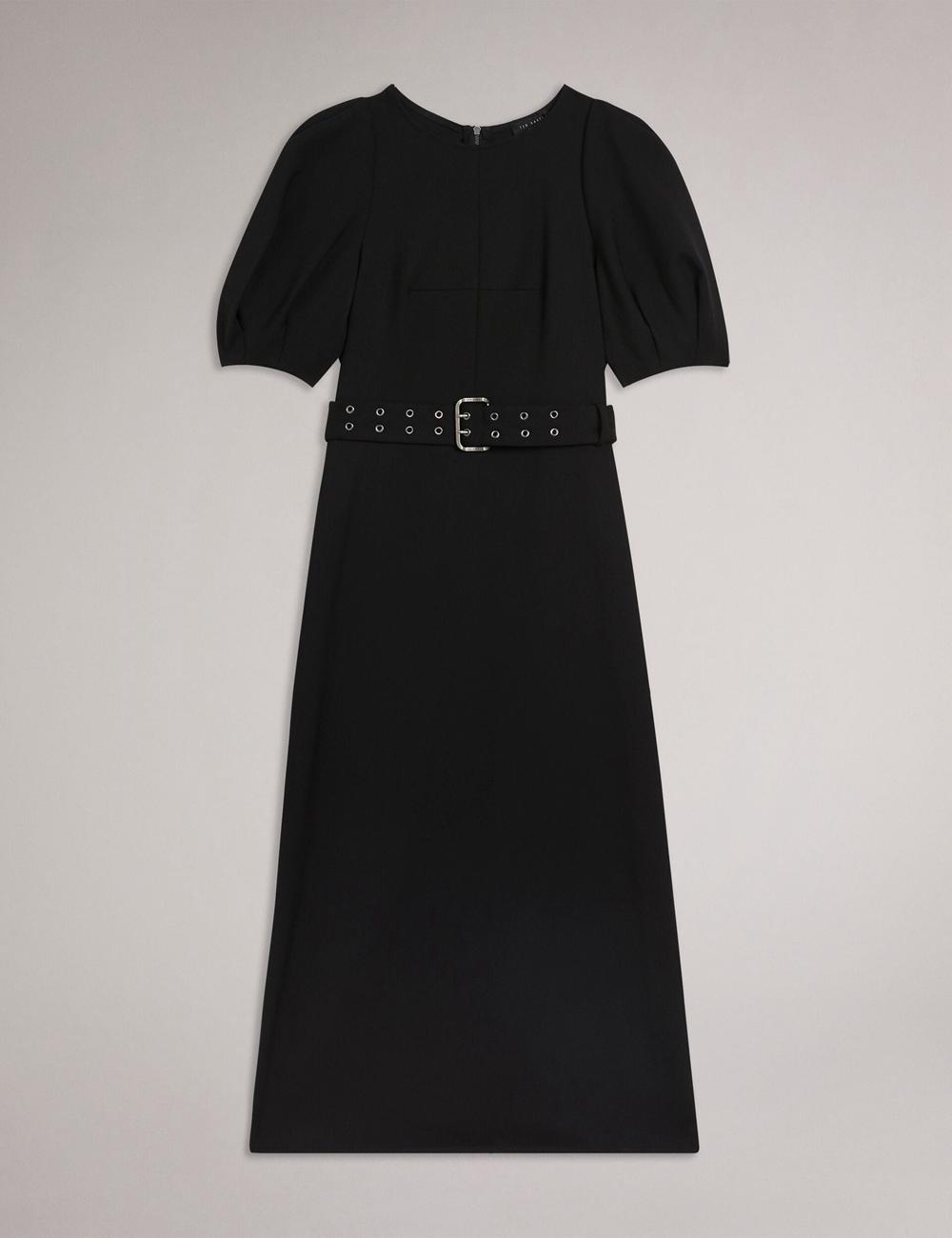 Women Ted Baker GABYELA - Structured Puff Sleeve With Belt Midi Dresses Black | RAZG60795