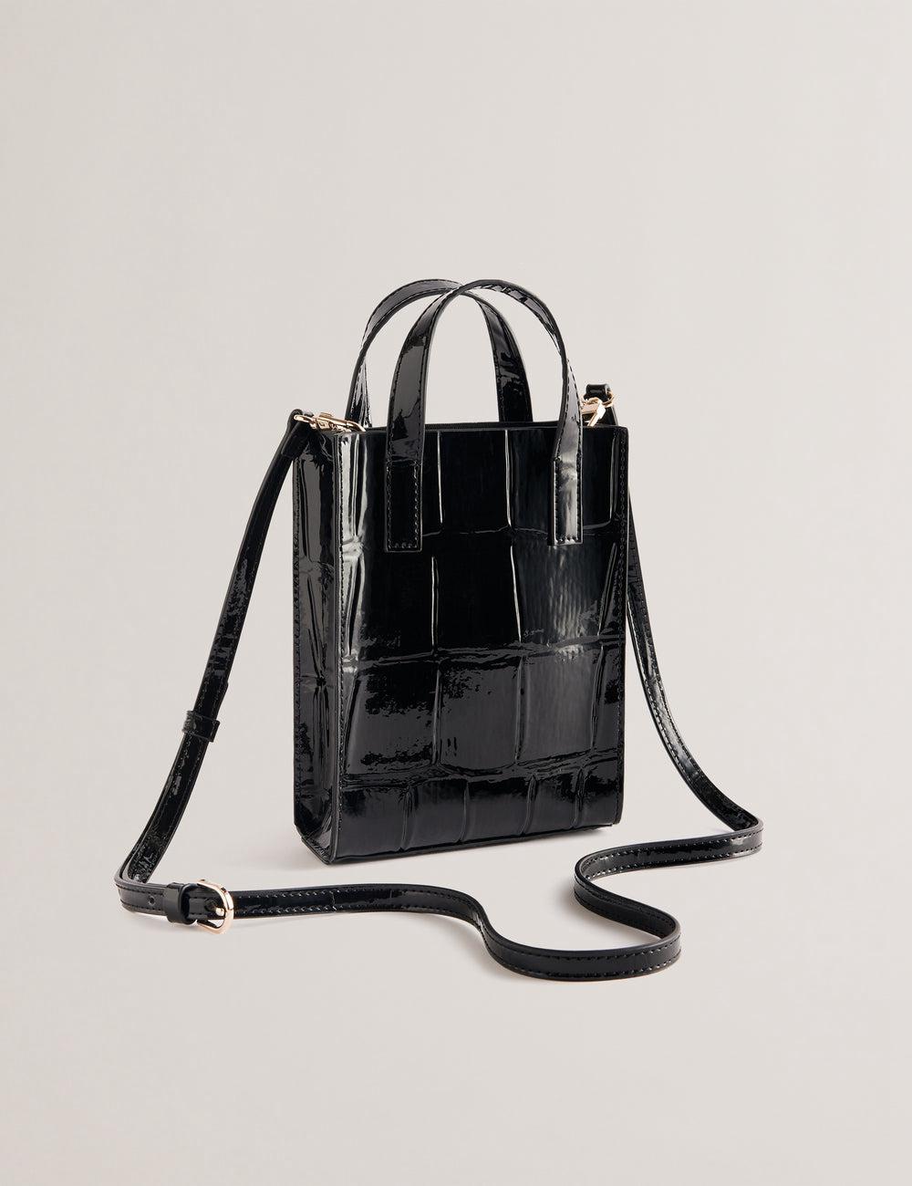 Women Ted Baker GATOCON - Mini Croc Effect Patent Tote Bags Black | HIWA39128