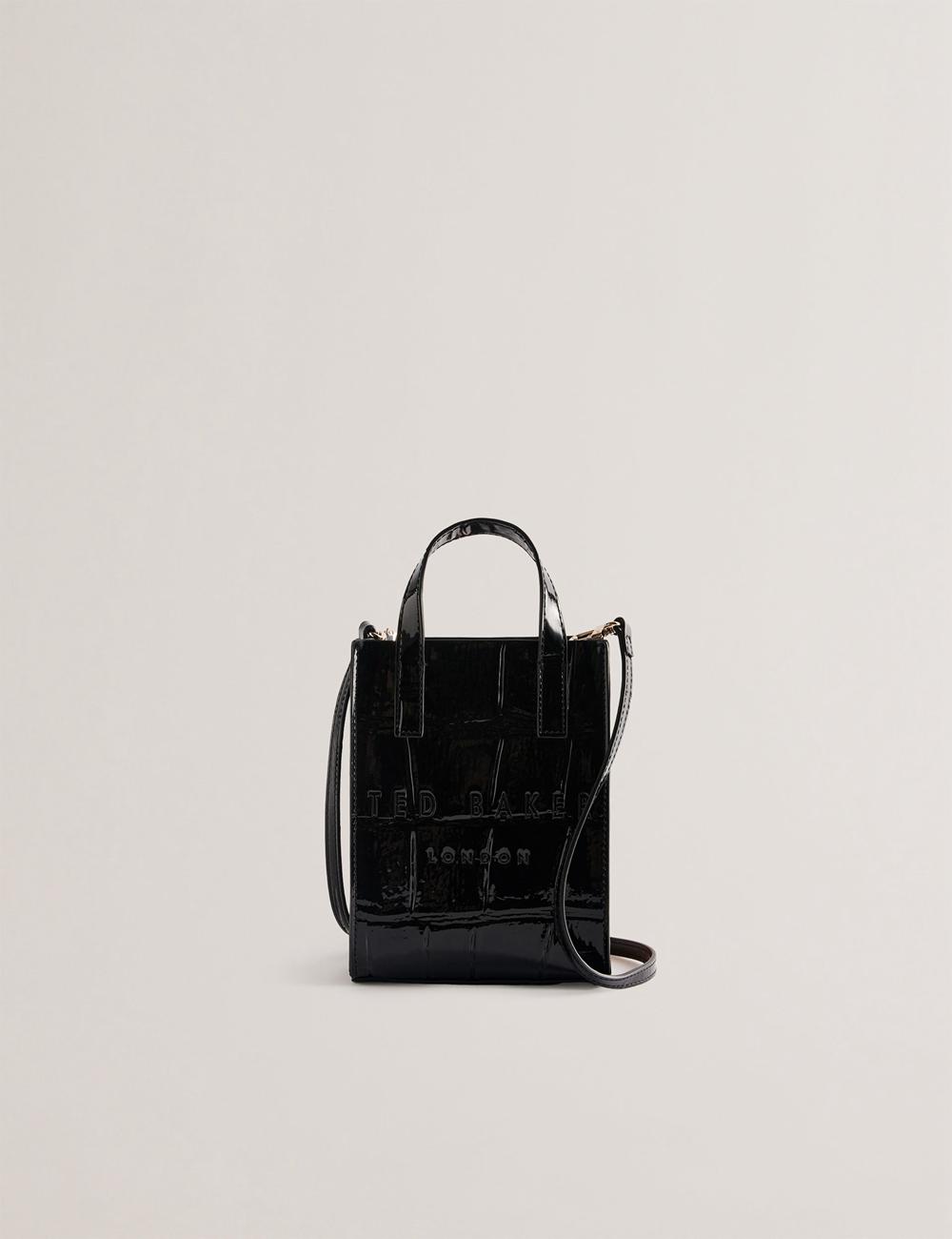 Women Ted Baker GATOCON - Mini Croc Effect Patent Tote Bags Black | HIWA39128