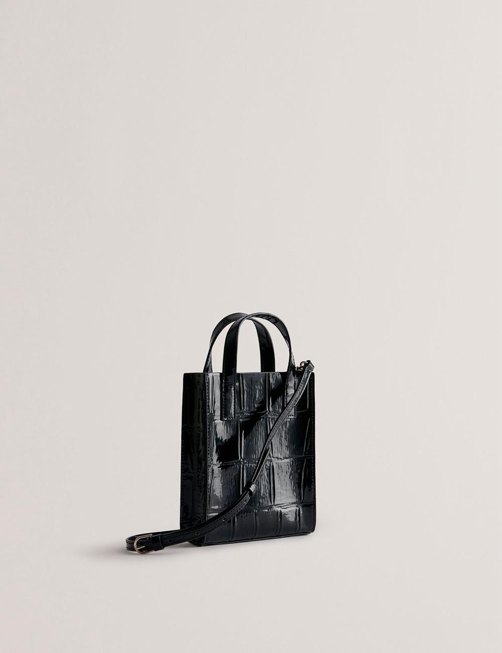 Women Ted Baker GATOCON - Mini Croc Effect Patent Tote Bags Black | HIWA39128