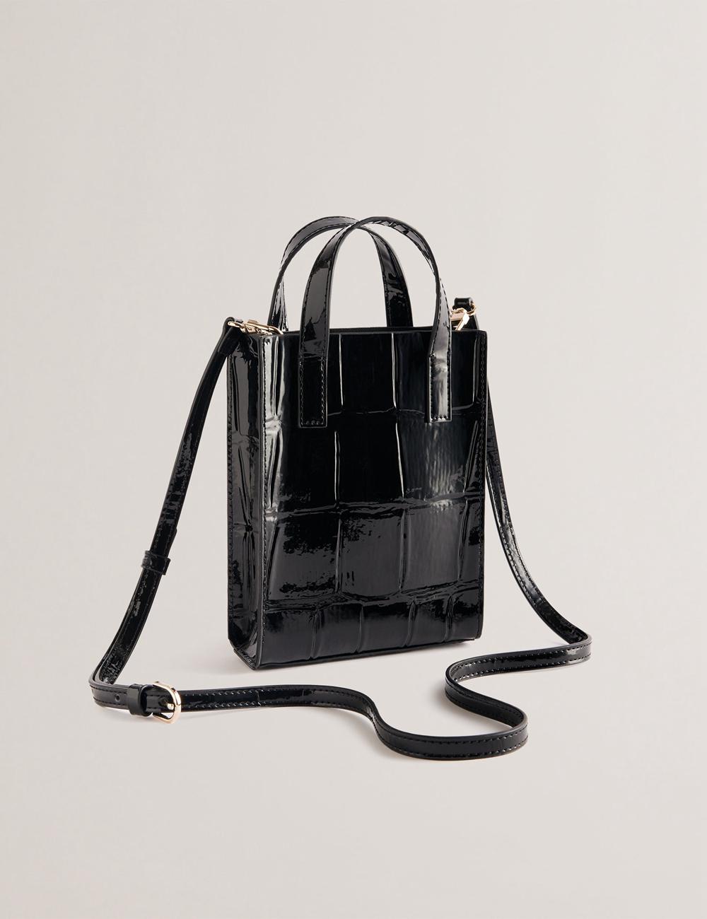 Women Ted Baker GATOCON - Mini Croc Effect Patent Tote Bags Black | HIWA39128
