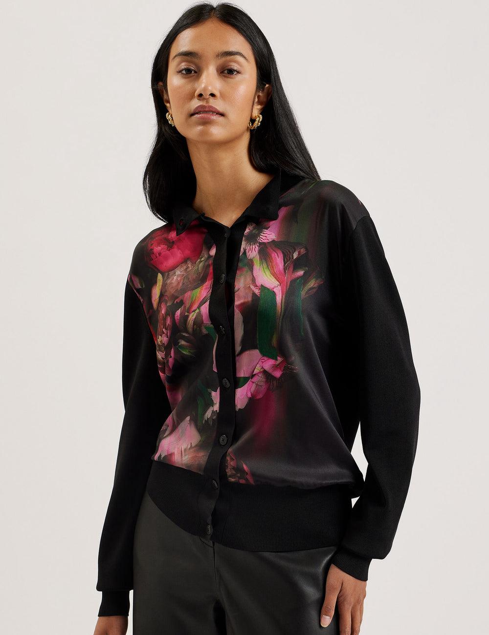 Women Ted Baker GEMHAA - Printed Panel Long Sleeve Cardigans Black | UTFV45613