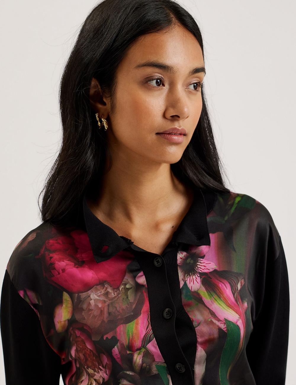 Women Ted Baker GEMHAA - Printed Panel Long Sleeve Cardigans Black | UTFV45613