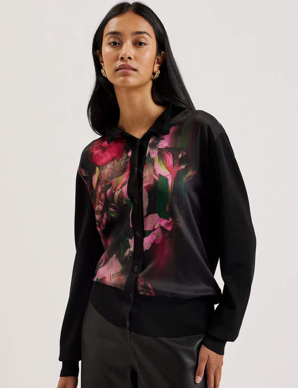 Women Ted Baker GEMHAA - Printed Panel Long Sleeve Cardigans Black | UTFV45613