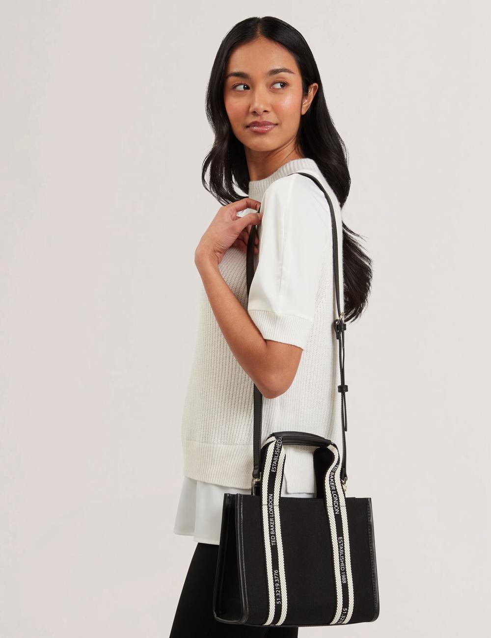 Women Ted Baker GEORJEA - Branded Webbing Canvas Small Tote Bags Black | CXPK92085