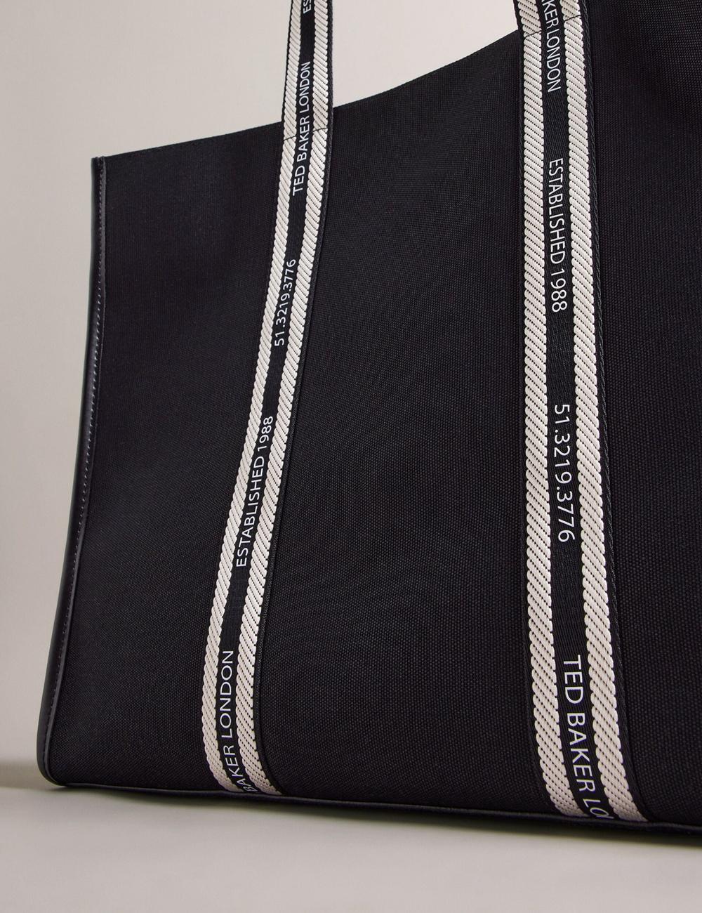 Women Ted Baker GEORJEY - Branded Webbing Canvas Large Tote Bags Black | FQHL07485