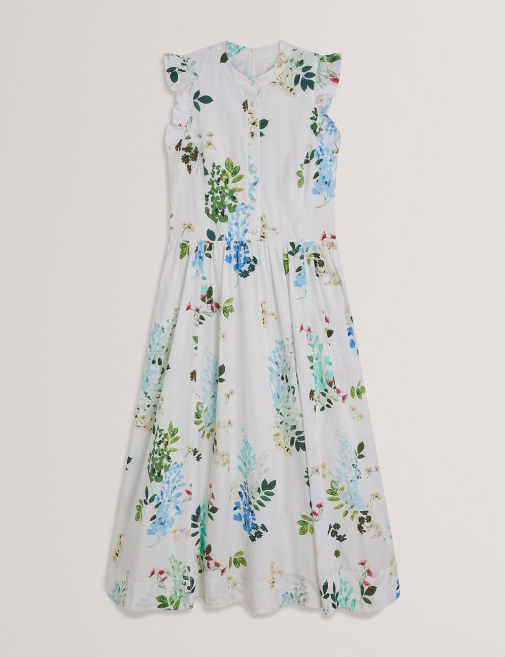 Women Ted Baker GIOLIA - Sleeveless Floral Cotton A-Line Midi Dresses White | TGZO96283