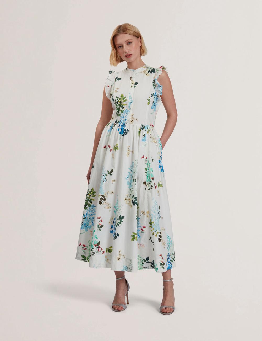Women Ted Baker GIOLIA - Sleeveless Floral Cotton A-Line Midi Dresses White | TGZO96283