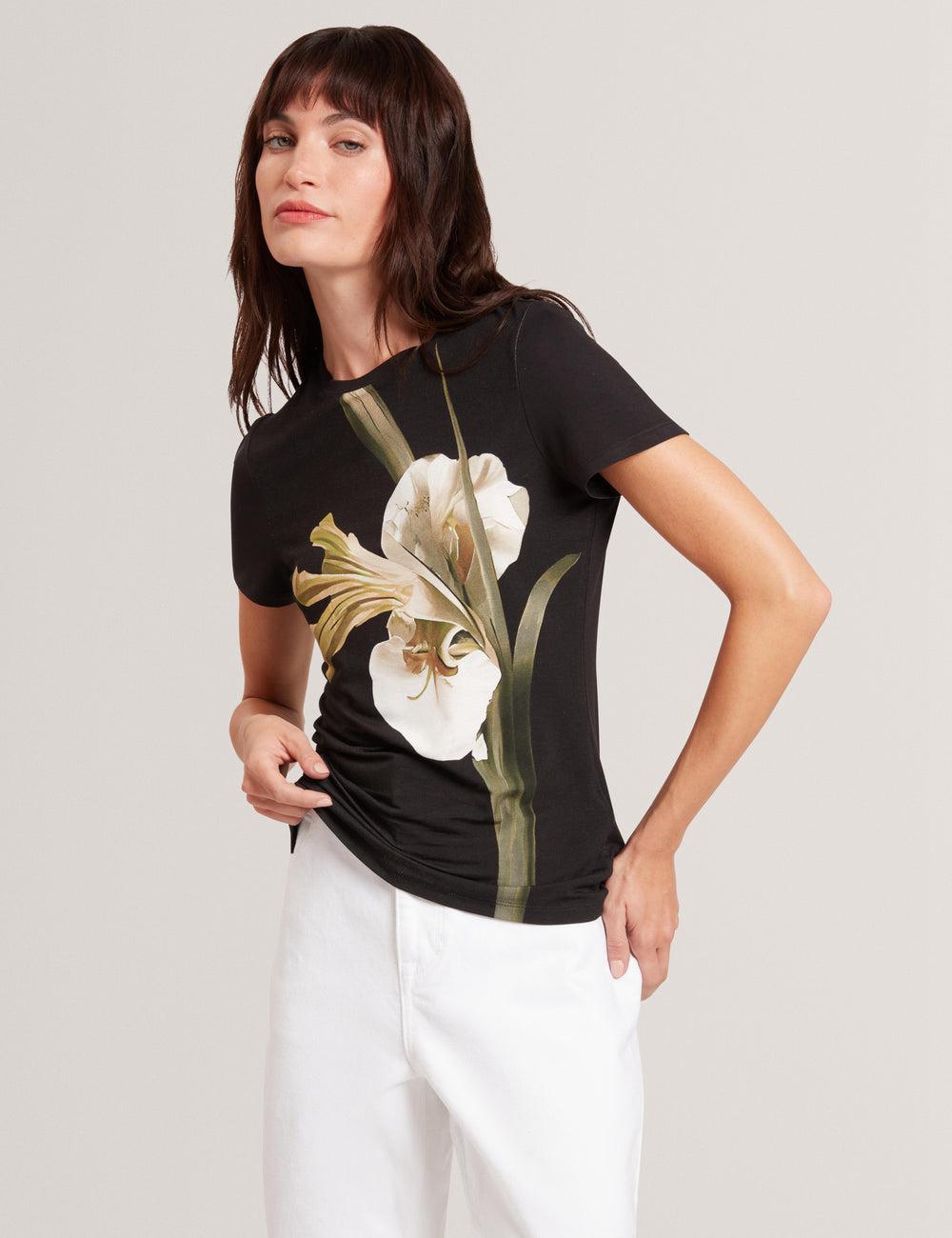 Women Ted Baker GORGAA - Floral Graphic Fitted Short Sleeve T-Shirts Black | HDFK35208