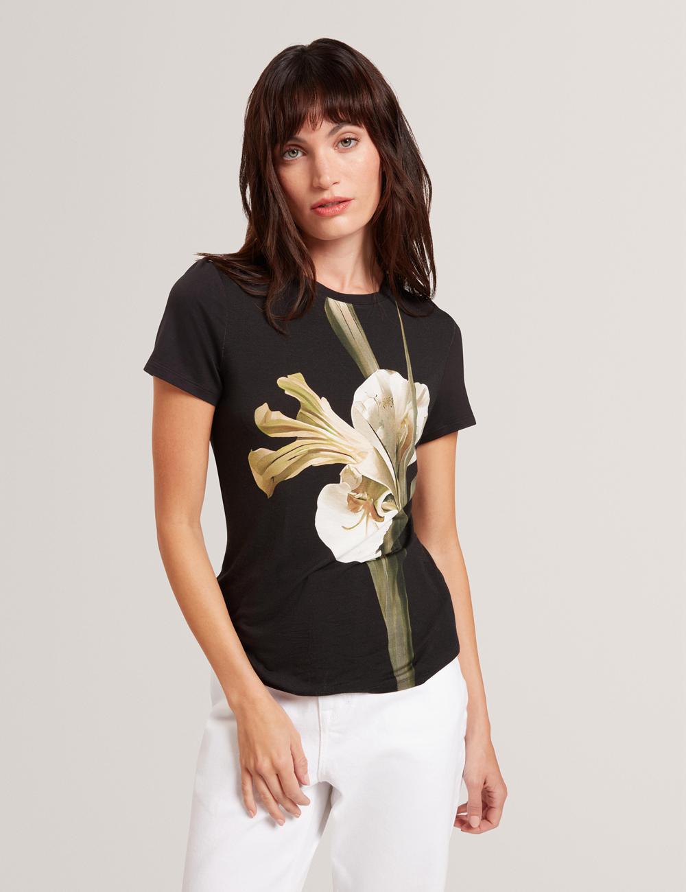Women Ted Baker GORGAA - Floral Graphic Fitted Short Sleeve T-Shirts Black | HDFK35208
