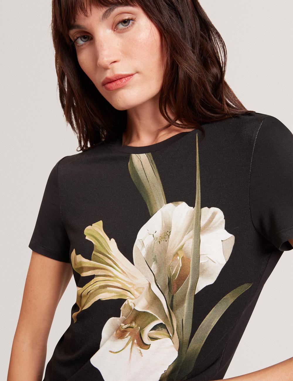 Women Ted Baker GORGAA - Floral Graphic Fitted Short Sleeve T-Shirts Black | HDFK35208