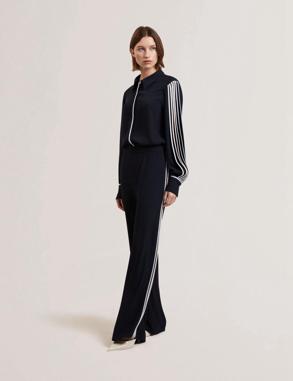 Women Ted Baker GORJJA - Piping Detail Wide Leg Crepe Trousers Navy | SJNF47289