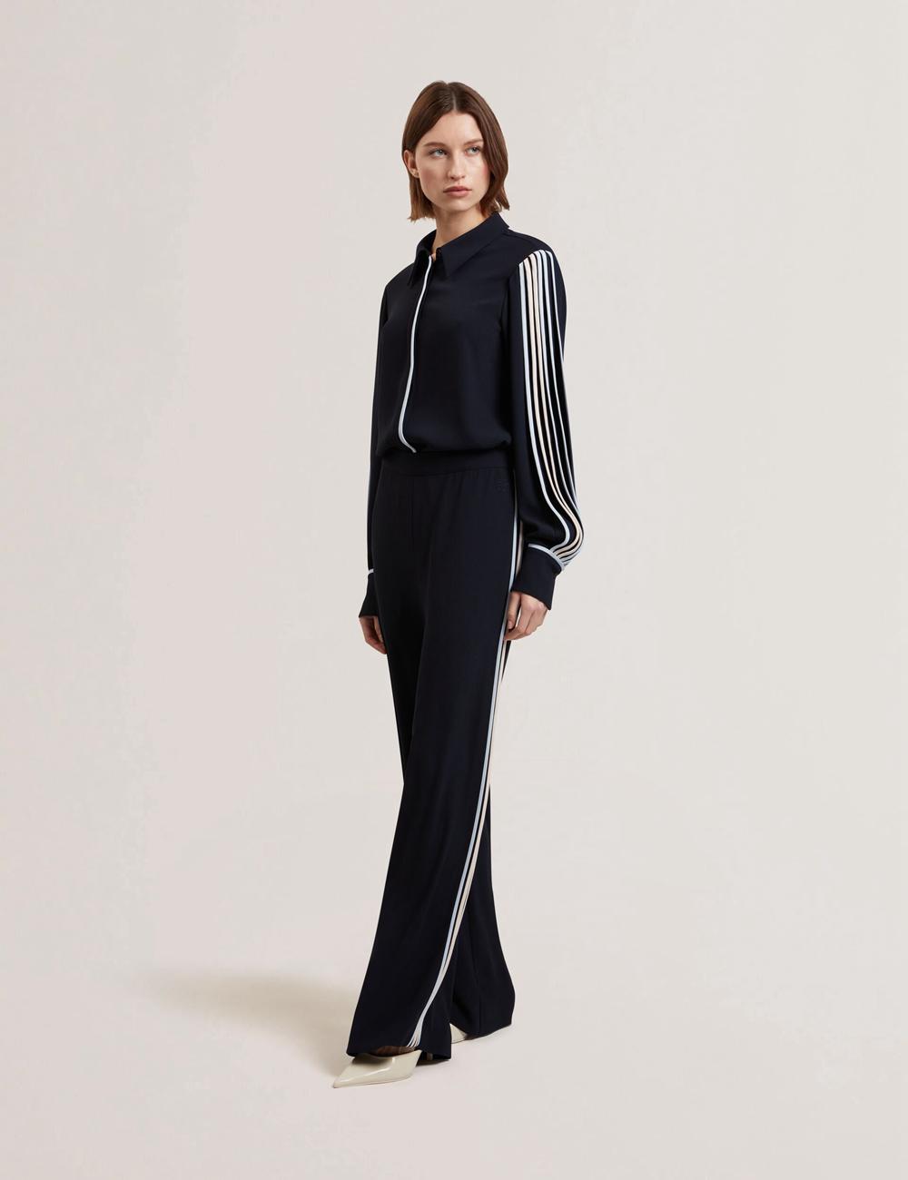 Women Ted Baker GORJJA - Piping Detail Wide Leg Crepe Trousers Navy | SJNF47289