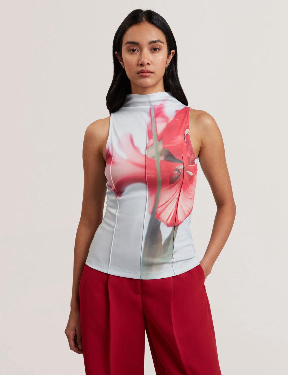 Women Ted Baker HARPLNN - Floral High Neck Jersey Tank Tops Blue | TIVO34680