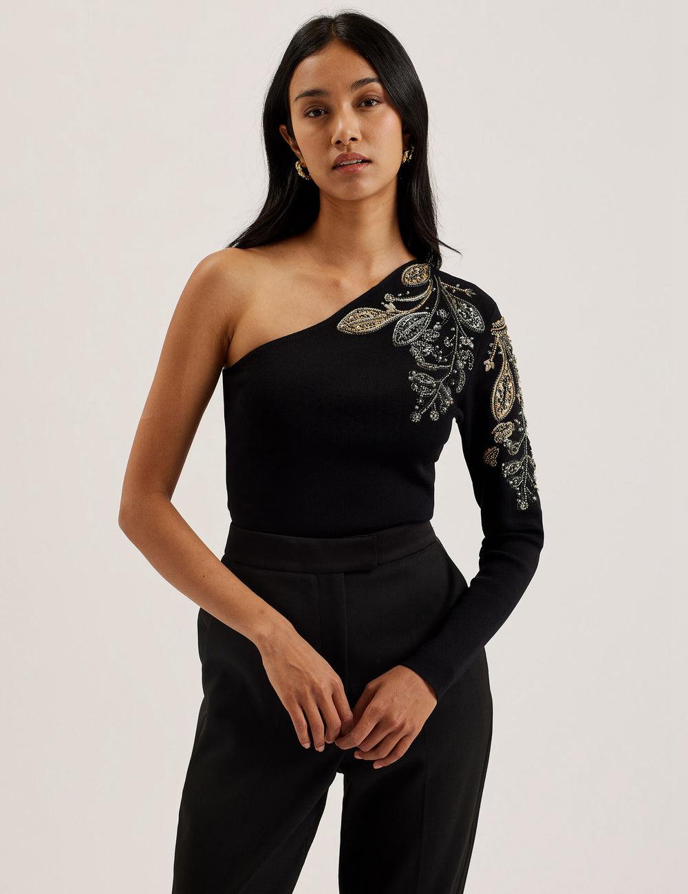 Women Ted Baker HEATHRR - One Shoulder Embellished Detail Tops Black | ZYFR13526