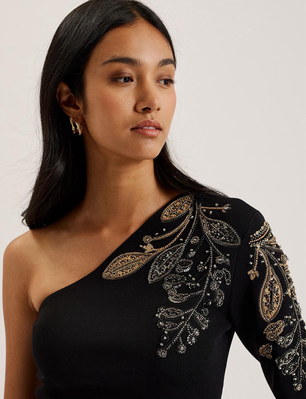 Women Ted Baker HEATHRR - One Shoulder Embellished Detail Tops Black | ZYFR13526
