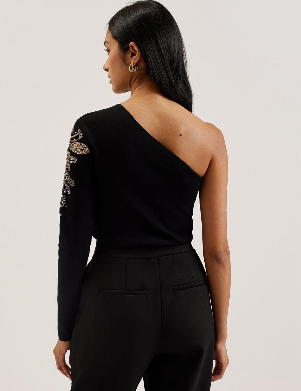 Women Ted Baker HEATHRR - One Shoulder Embellished Detail Tops Black | ZYFR13526