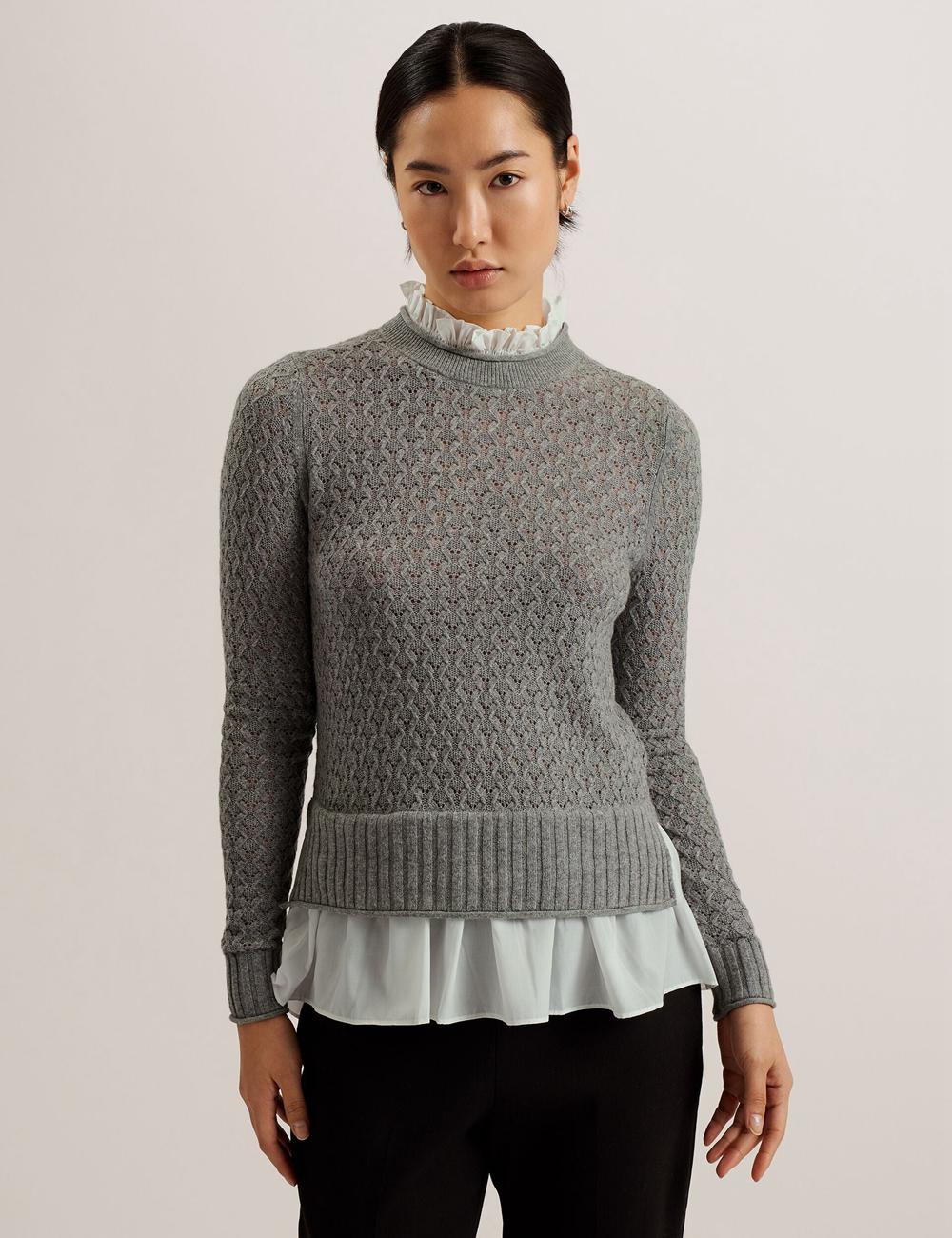 Women Ted Baker HOLINAS - Pointelle Knit With Shirt Hem Jumpers Grey | ZLVG92518