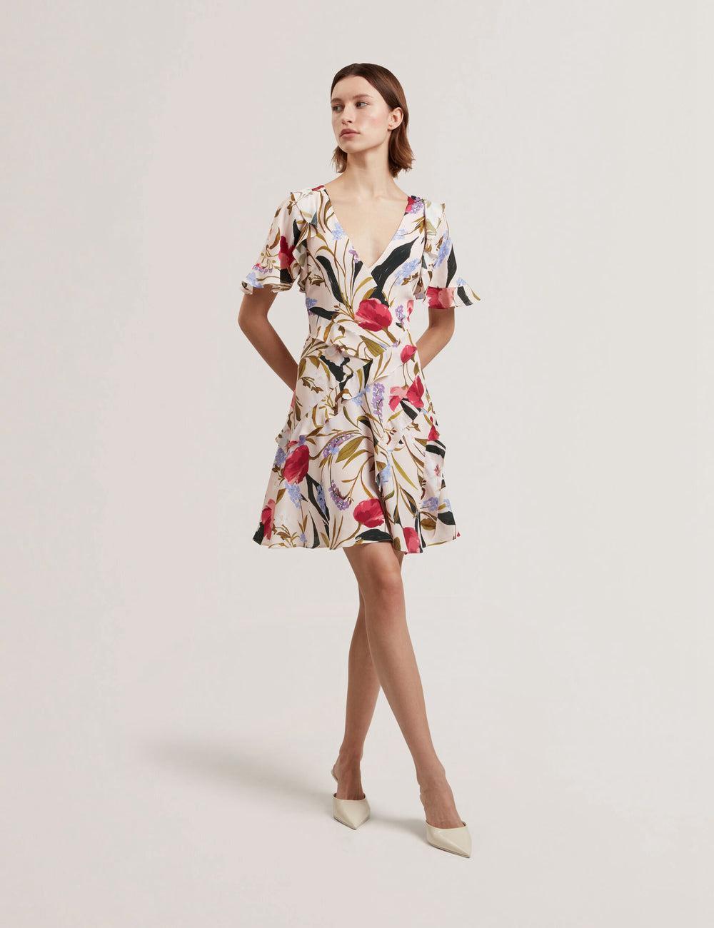 Women Ted Baker ISSIIA - Frill Trim Floral Short Sleeve Mini Dresses Pink | MKZV65302