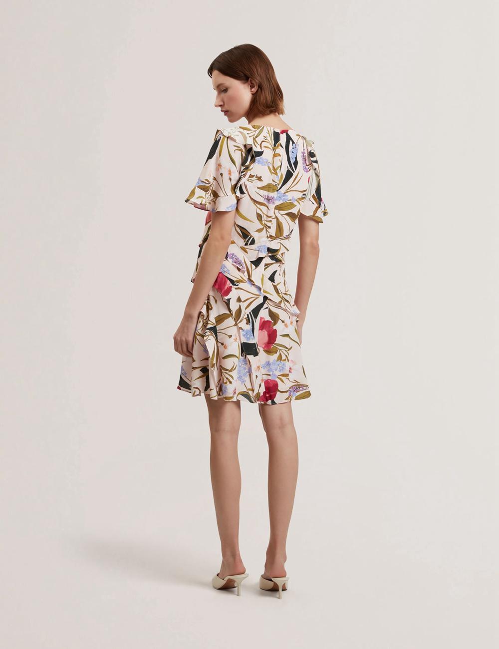 Women Ted Baker ISSIIA - Frill Trim Floral Short Sleeve Mini Dresses Pink | MKZV65302