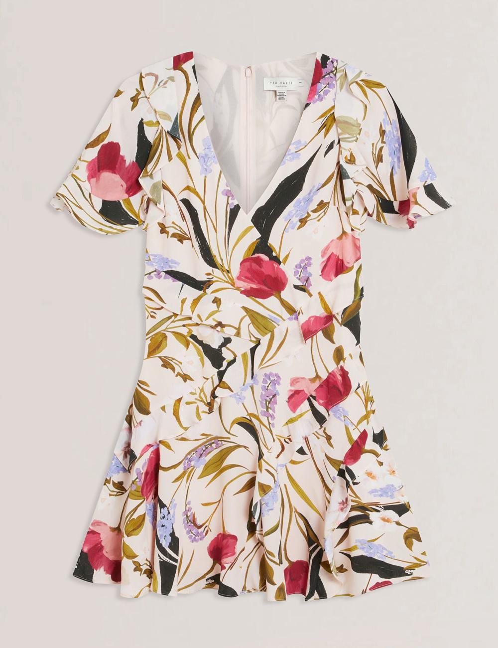 Women Ted Baker ISSIIA - Frill Trim Floral Short Sleeve Mini Dresses Pink | MKZV65302