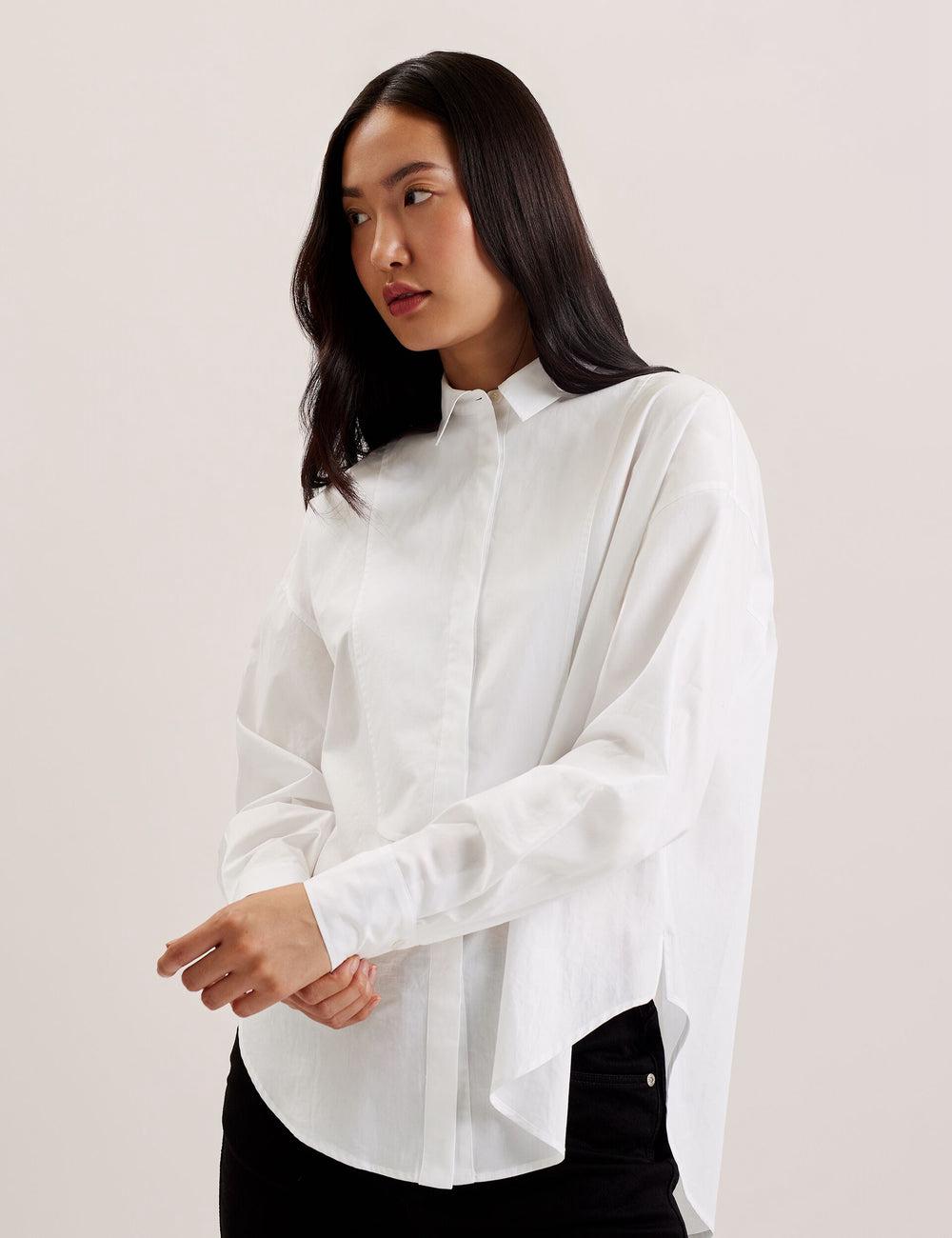 Women Ted Baker IZOTE - Oversized Drop Shoulder Bib Detail Casual Shirts White | JCYH14782
