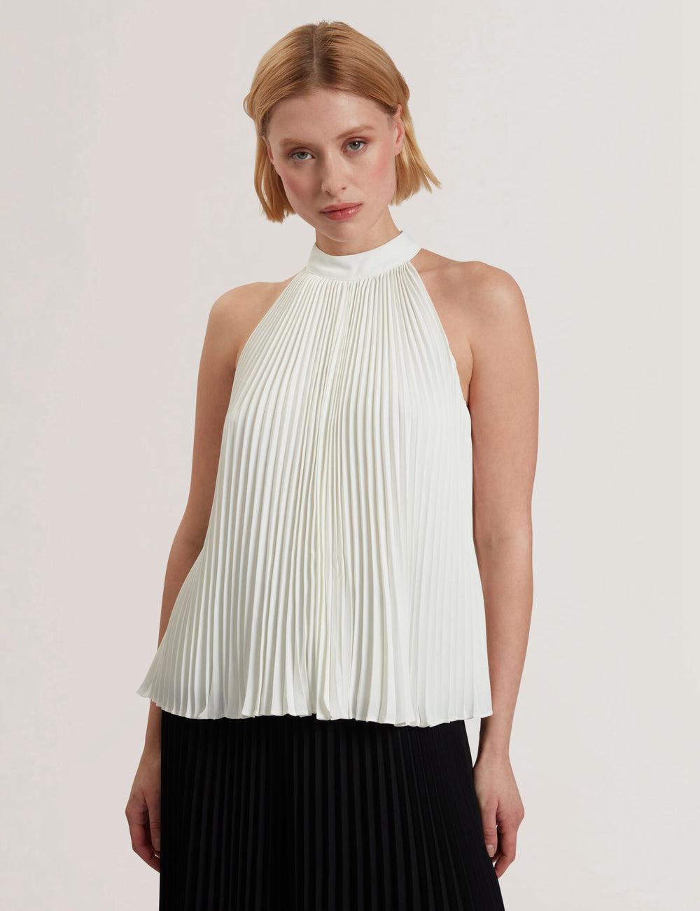 Women Ted Baker JAMAYA - High Halter Neck Pleated Sleeveless Tops Ivory | UYGF08362