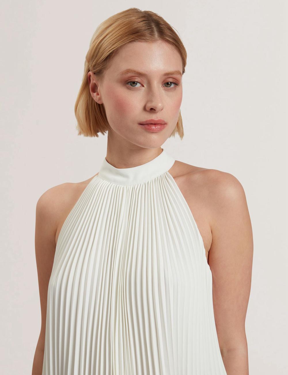 Women Ted Baker JAMAYA - High Halter Neck Pleated Sleeveless Tops Ivory | UYGF08362