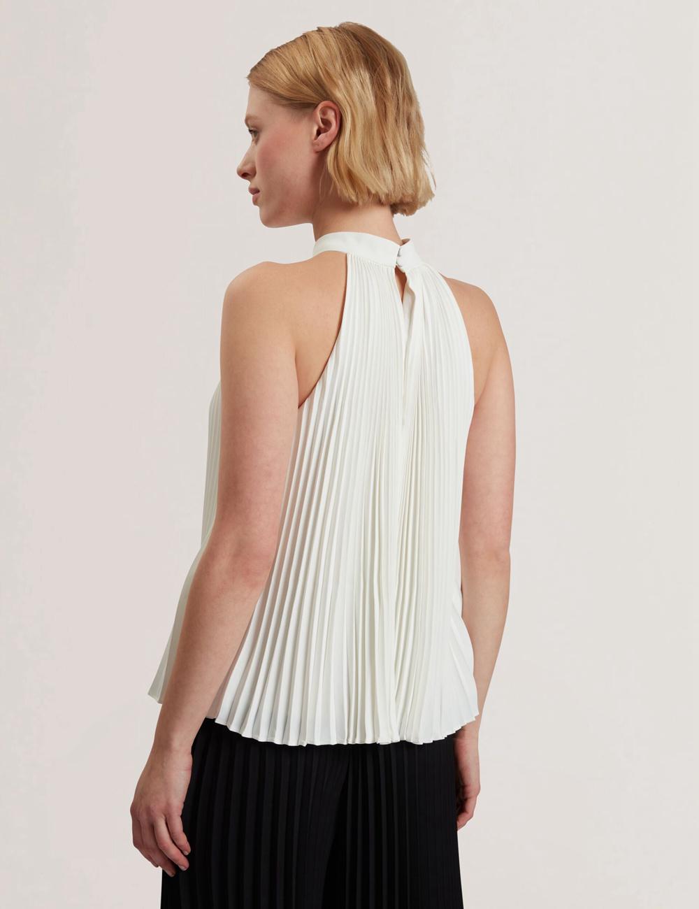 Women Ted Baker JAMAYA - High Halter Neck Pleated Sleeveless Tops Ivory | UYGF08362
