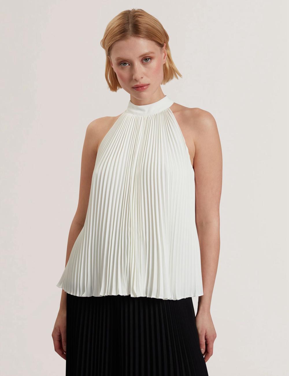 Women Ted Baker JAMAYA - High Halter Neck Pleated Sleeveless Tops Ivory | UYGF08362