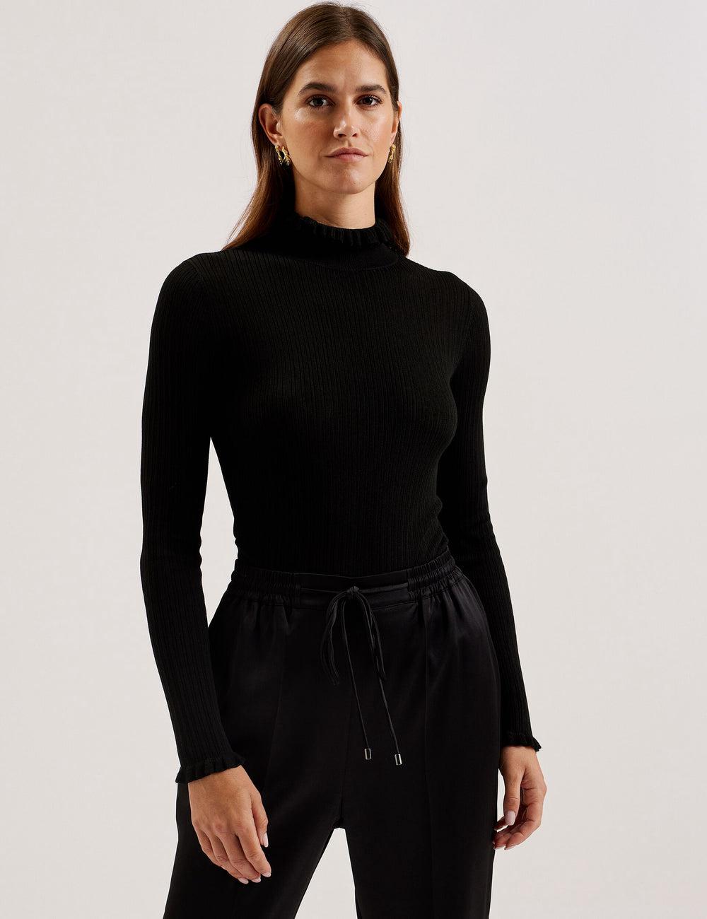 Women Ted Baker JANITTT - Ruffle Trim High Neck Ribbed Jumpers Black | XOPB28614