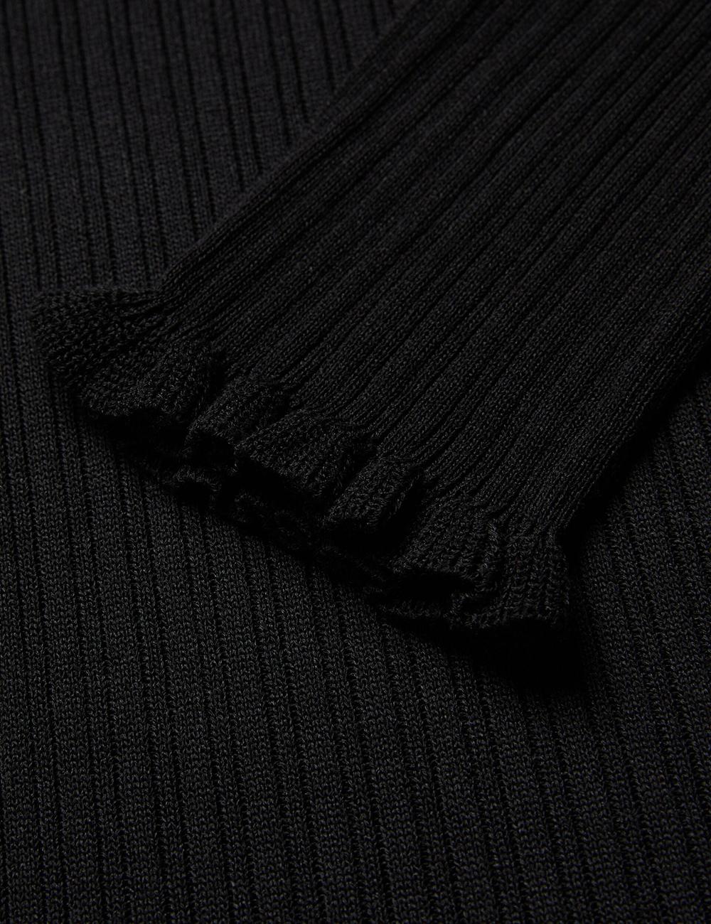 Women Ted Baker JANITTT - Ruffle Trim High Neck Ribbed Jumpers Black | XOPB28614