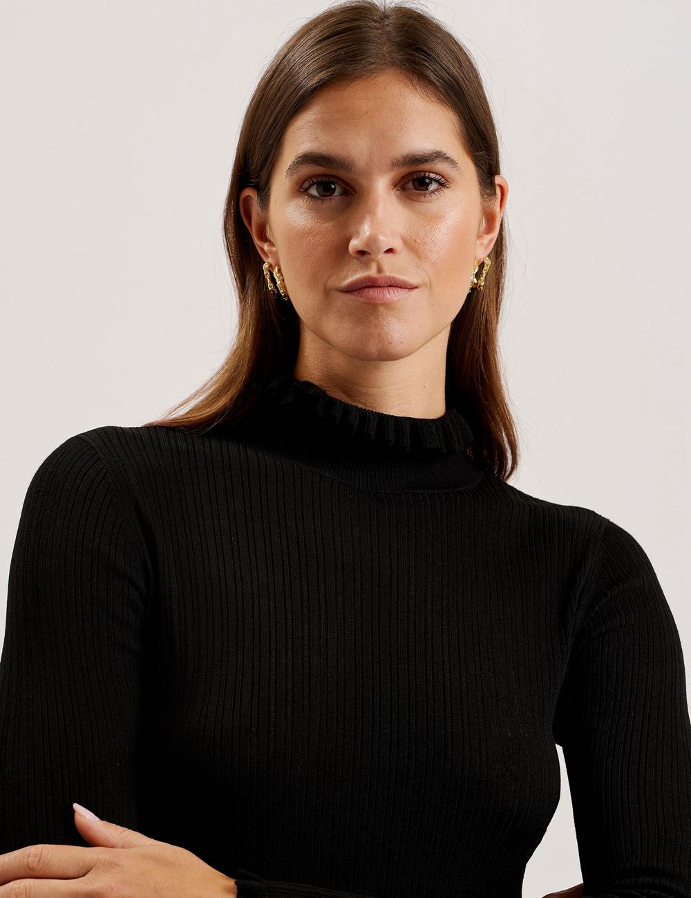Women Ted Baker JANITTT - Ruffle Trim High Neck Ribbed Jumpers Black | XOPB28614