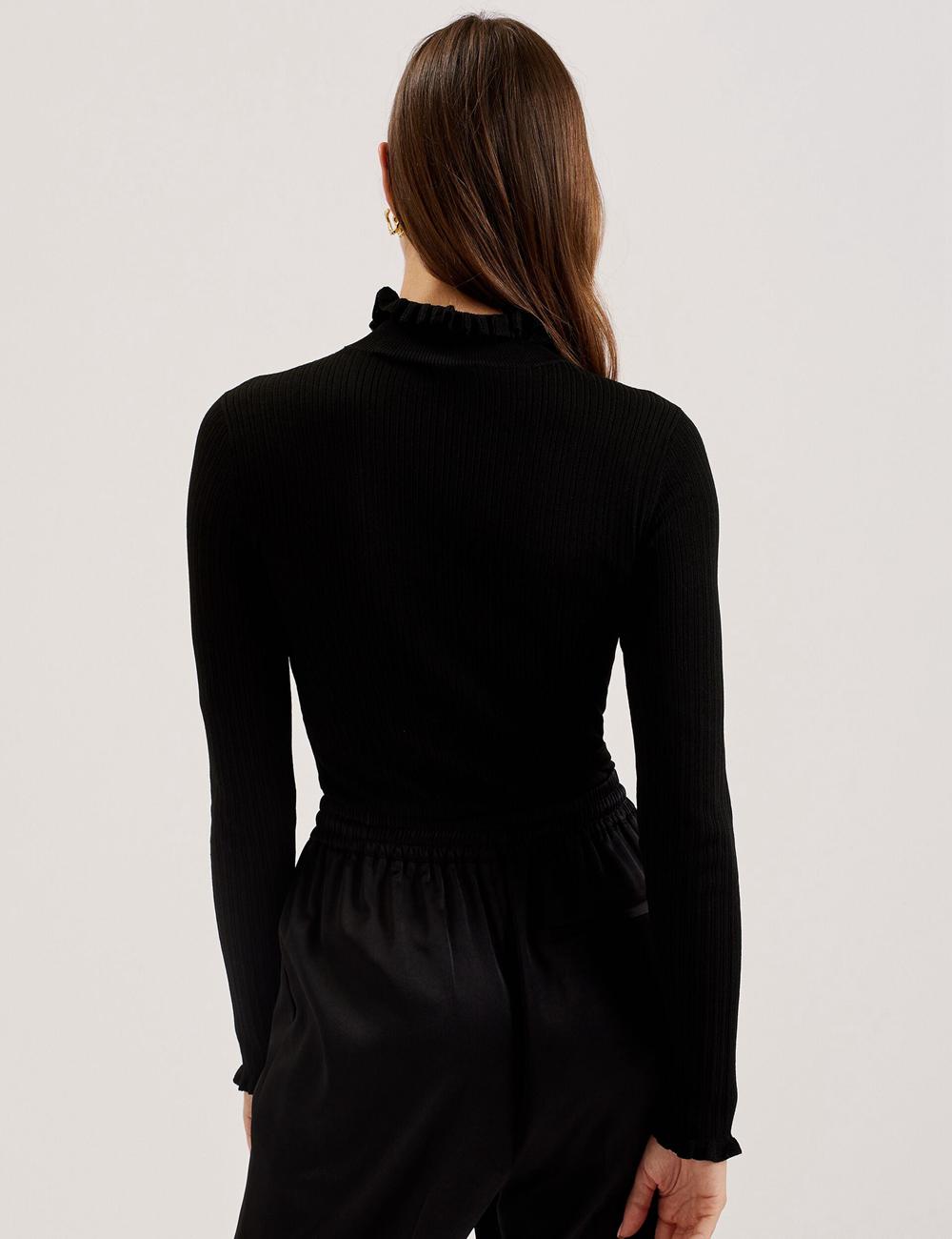 Women Ted Baker JANITTT - Ruffle Trim High Neck Ribbed Jumpers Black | XOPB28614