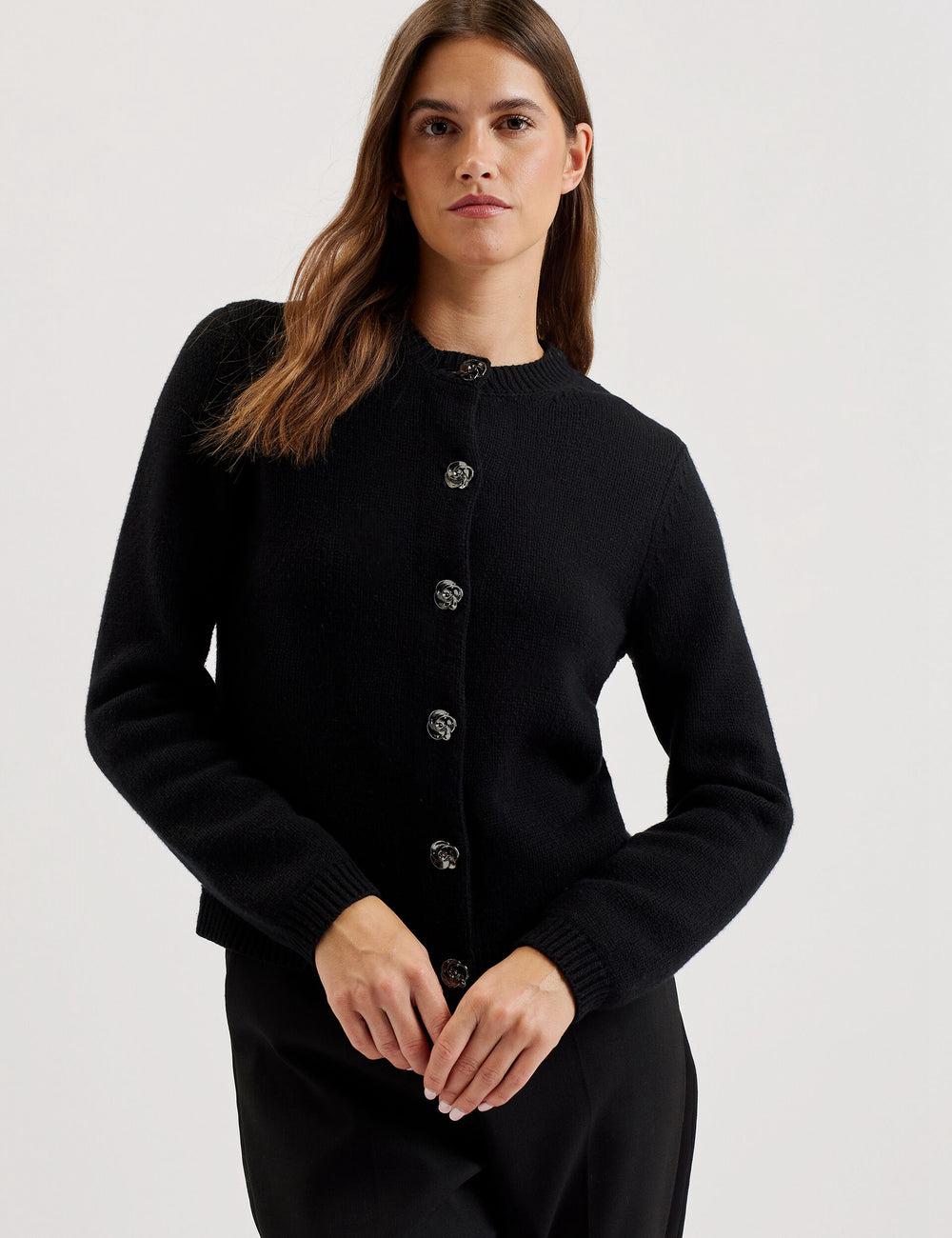 Women Ted Baker JAYCEY - Rose Button Knitted Crew Neck Cardigans Black | XYAE21870