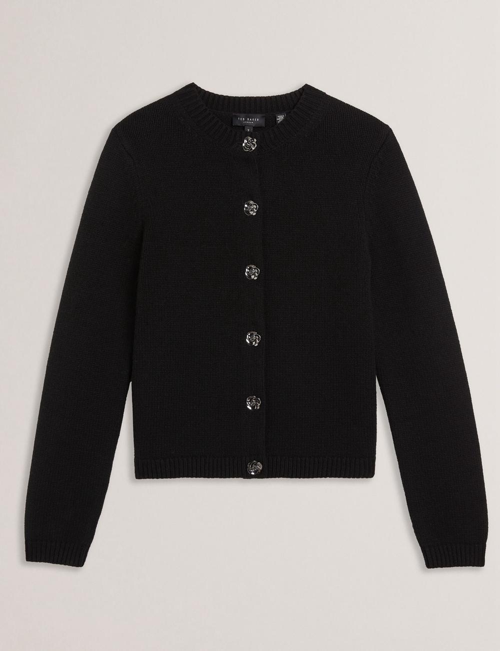 Women Ted Baker JAYCEY - Rose Button Knitted Crew Neck Cardigans Black | XYAE21870