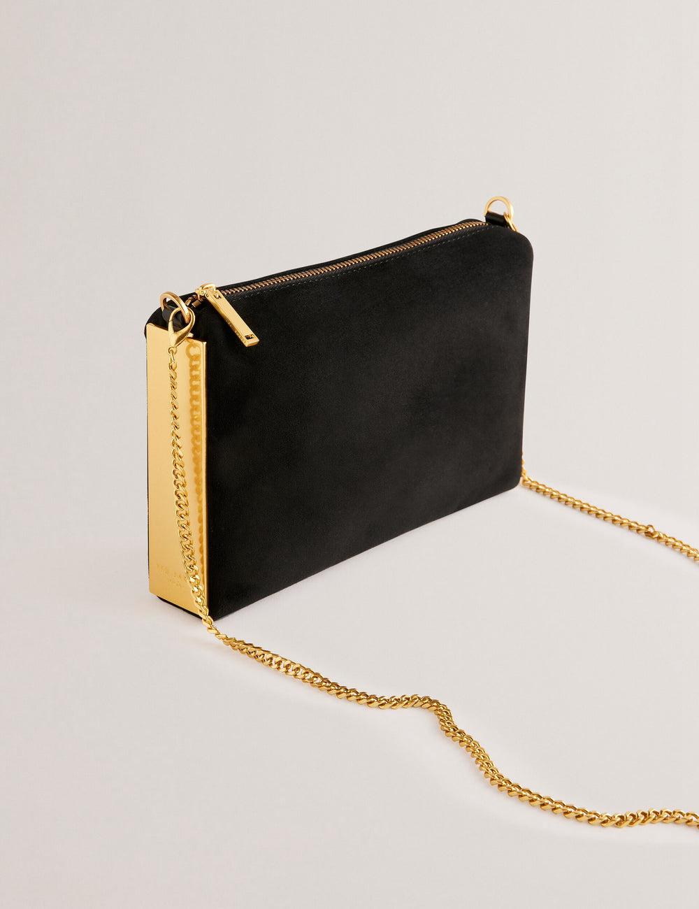 Women Ted Baker JEINER - Suede Clutch With Hardware Sides Clutch Bag Black | CIBL53926